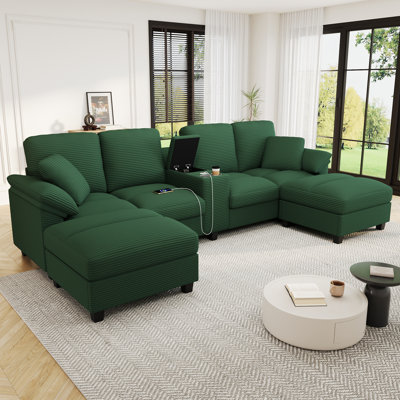 Spacious Modern U-shaped Sectionals, Corduroy Upholstery With Storage For Family Living Room