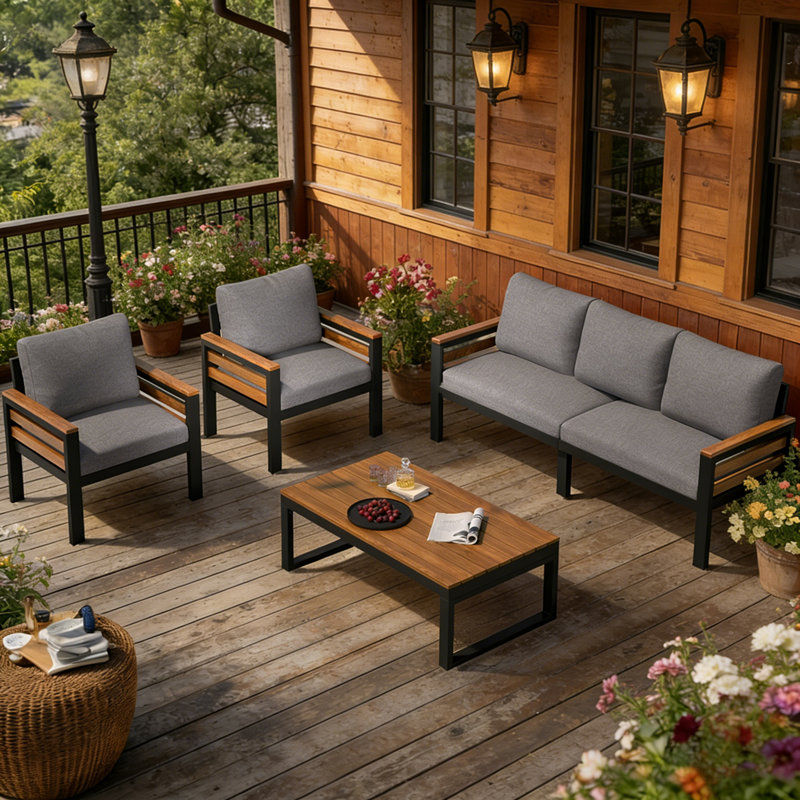 Ensemble de conversation d'extérieur 4 pièces avec accoudoirs et coussins amovibles en bois d'acacia, Gris