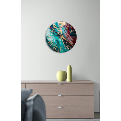 Horloge murale en verre trempé luxueux sarcelle, bourgogne et doré