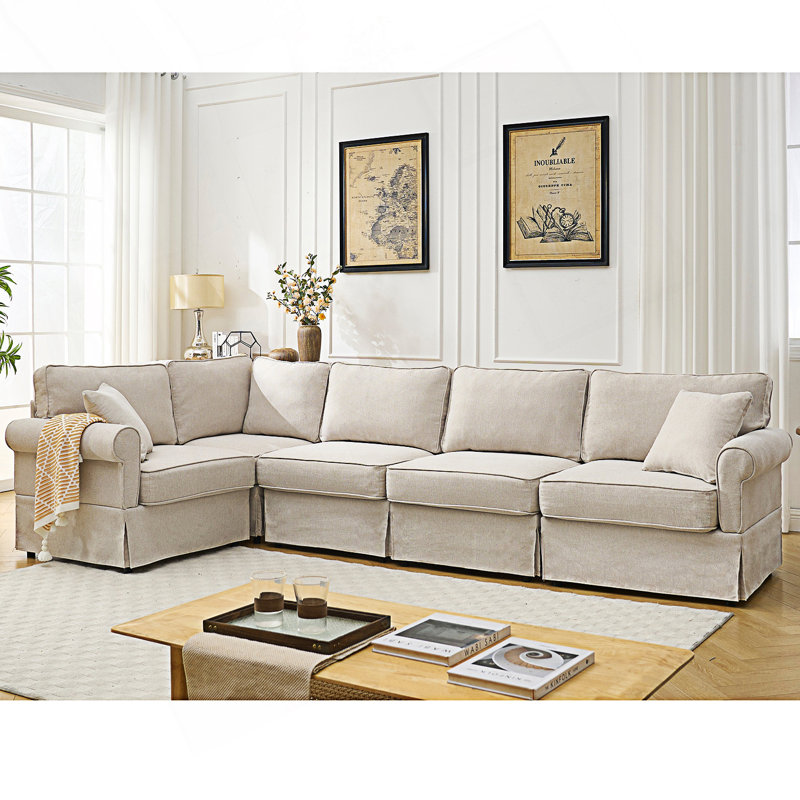 Modular Sectional Sofa Set, Convertible L Shaped Couch ,5 Seat Reversible Sectional Sofa Couch, Beige Fabric