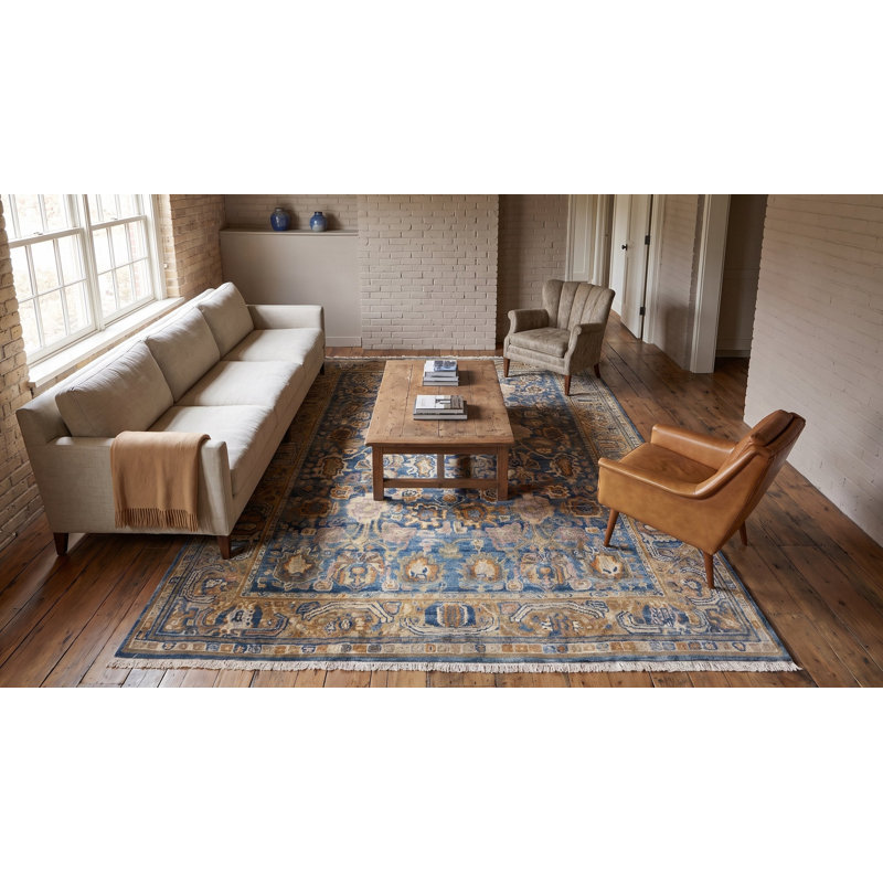 Blue Hand-Knotted Wool Faded Floral Bloom Geometric Modern Contemporary Carpet Rug, 12' x 18'