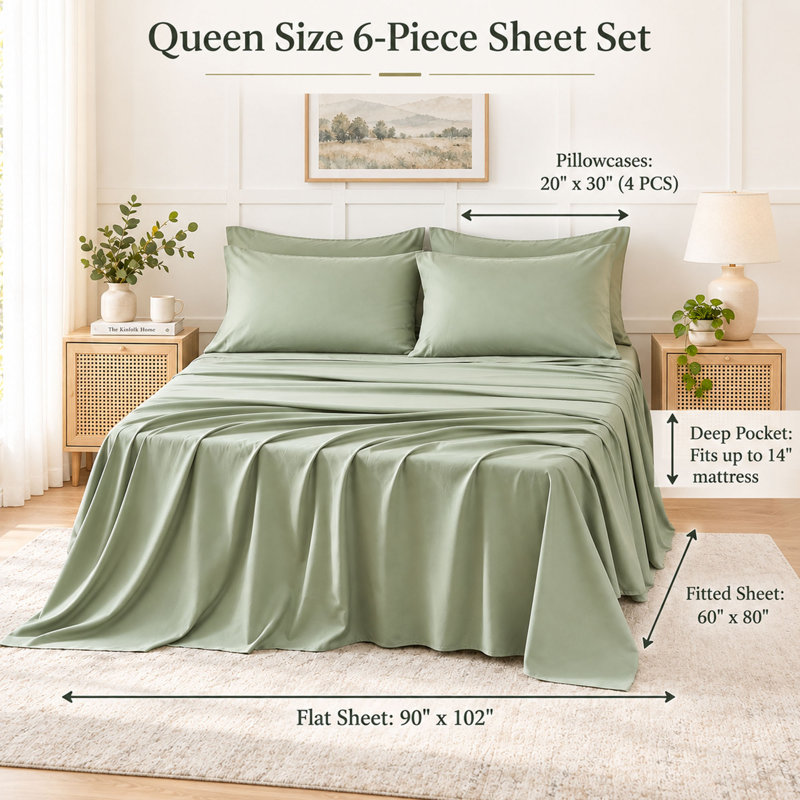 6 Piece Queen Brushed Microfiber Sheet Set with 14'' Deep Pocket, Sage Green