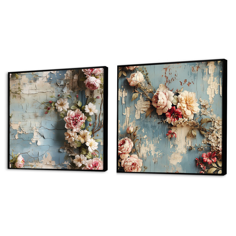 Ensemble de 2 pivoines roses et roses, Cadre flottant noir, H 16 po x l 33 po