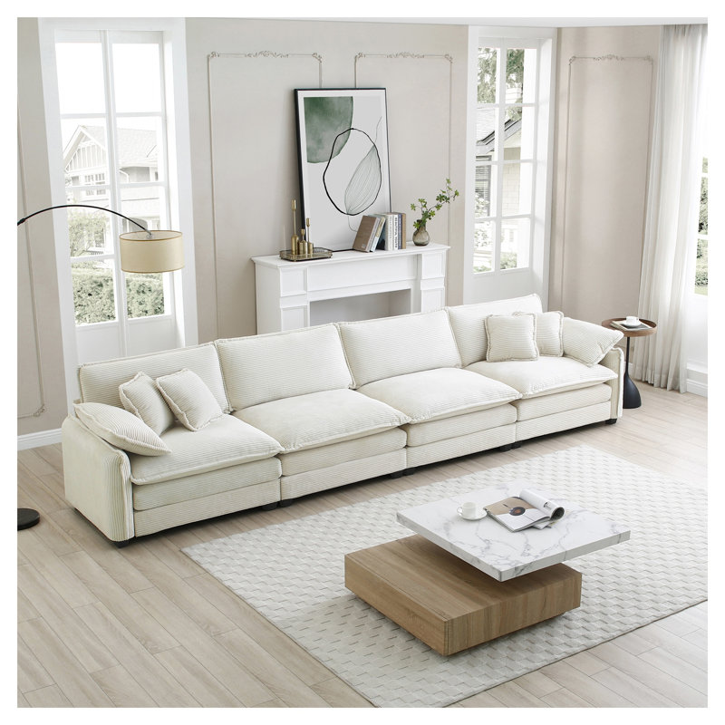 Canapé beige en velours côtelé 4 places avec coussins décoratifs Assemblage facile, H 33,85 po x l 150,38 po x P 34,25 po