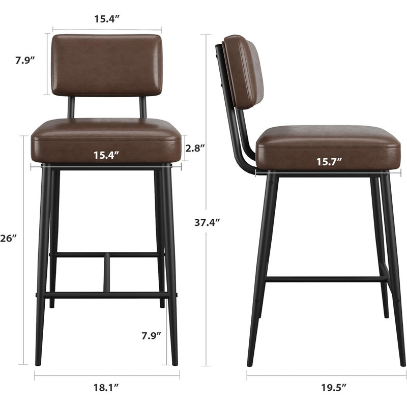 Set of 2 Modern 26" Counter Height Bar Stools, Faux Leather Barstools with Back & Metal Legs for Kitchen Island, Brown