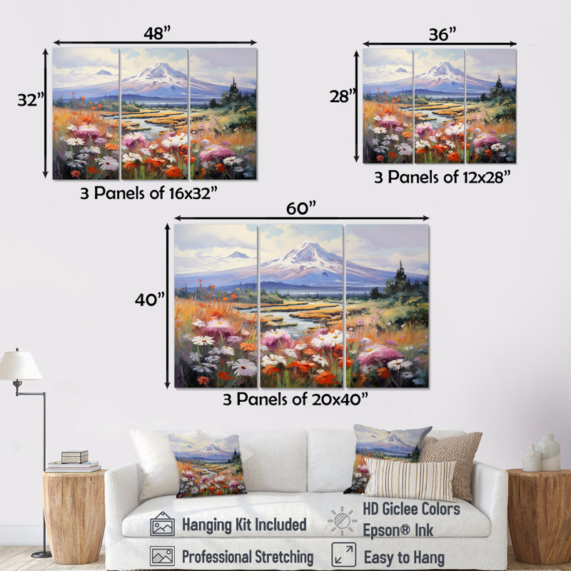Fleurs saisonnières dans un paysage de montagne - ensemble de reproductions d'art mural, H 32 po x l 48 po x P 1 po