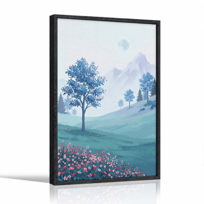 Art mural sur toile "Arbres bleus et fleurs roses dans les montagnes brumeuses"