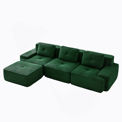 117 Inch Modern L-Shaped Modular Sectional Sofa, Corduroy Fabric, Deep Seating, Movable Ottoman, Tufted Design, No Assembly, Anti-Slip Base, Green