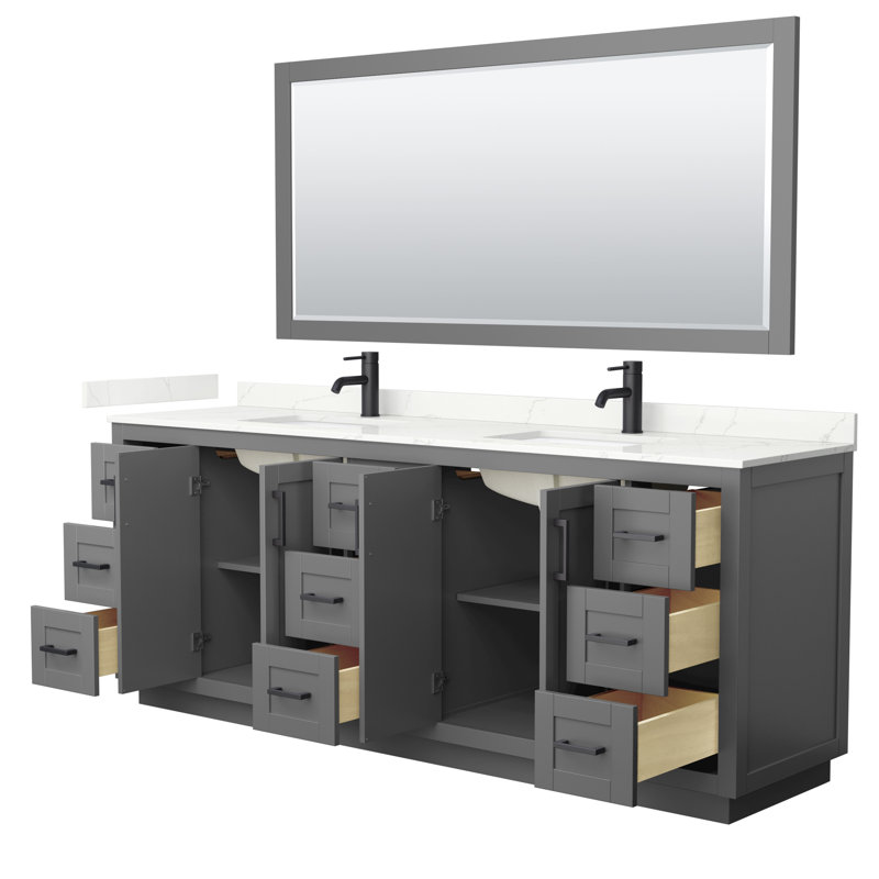 Ensemble de meuble-lavabo double autoportant 84 po avec plateau en quartz Miranda, Quartz Giotto, Gris foncé, Noir mat