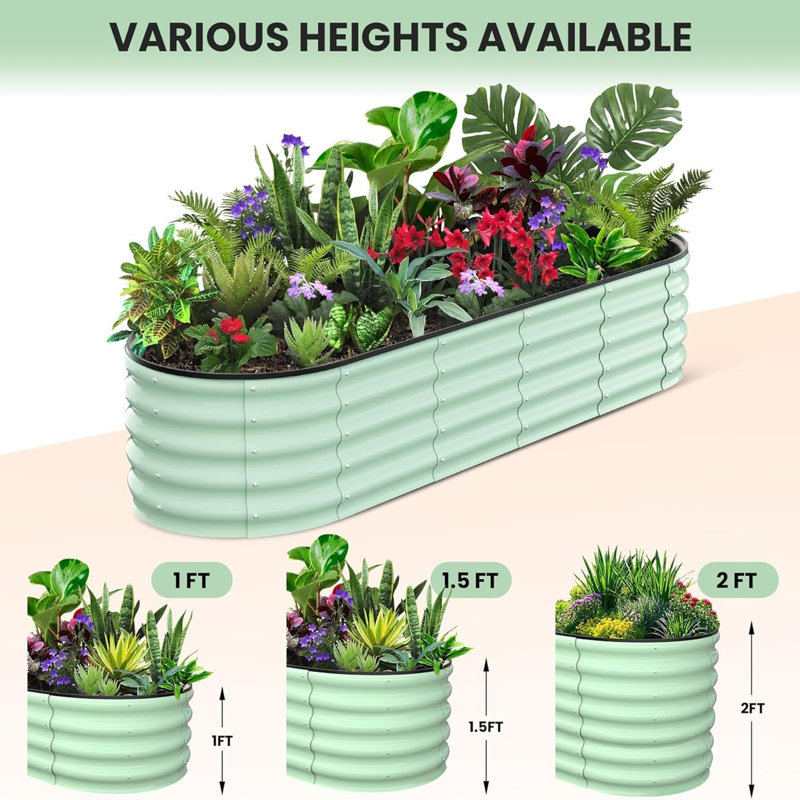 8x2x1 FT Galvanized Raised Beds for Outdoor, Oval Raised Garden Bed with Open Base for Outdoor Vegetables & Flowers, Tool-Free Assembly,Green