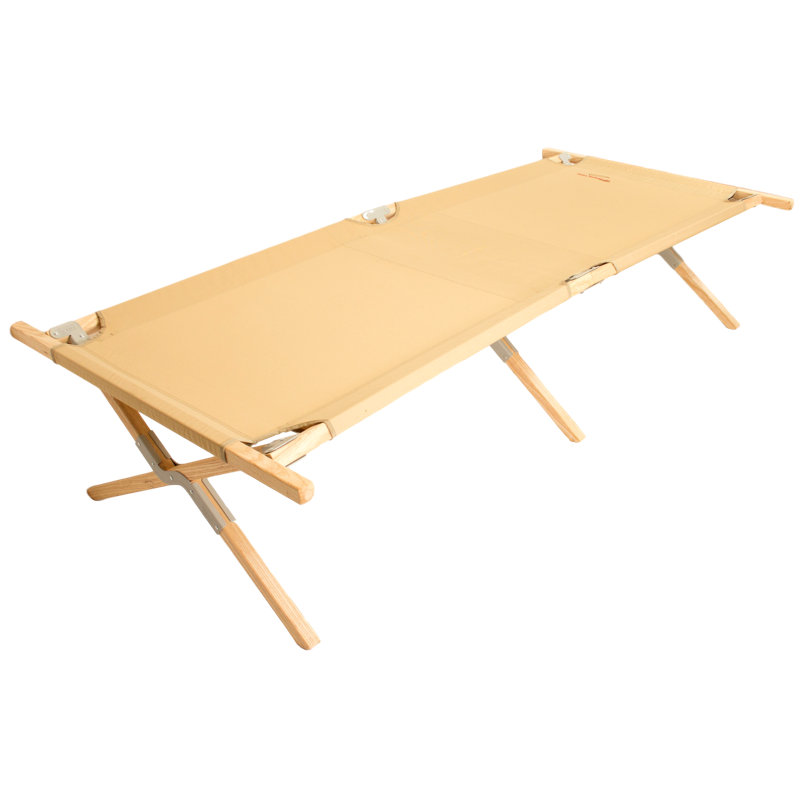 Beige Wooden Folding Camping Cot with Polyester Fabric