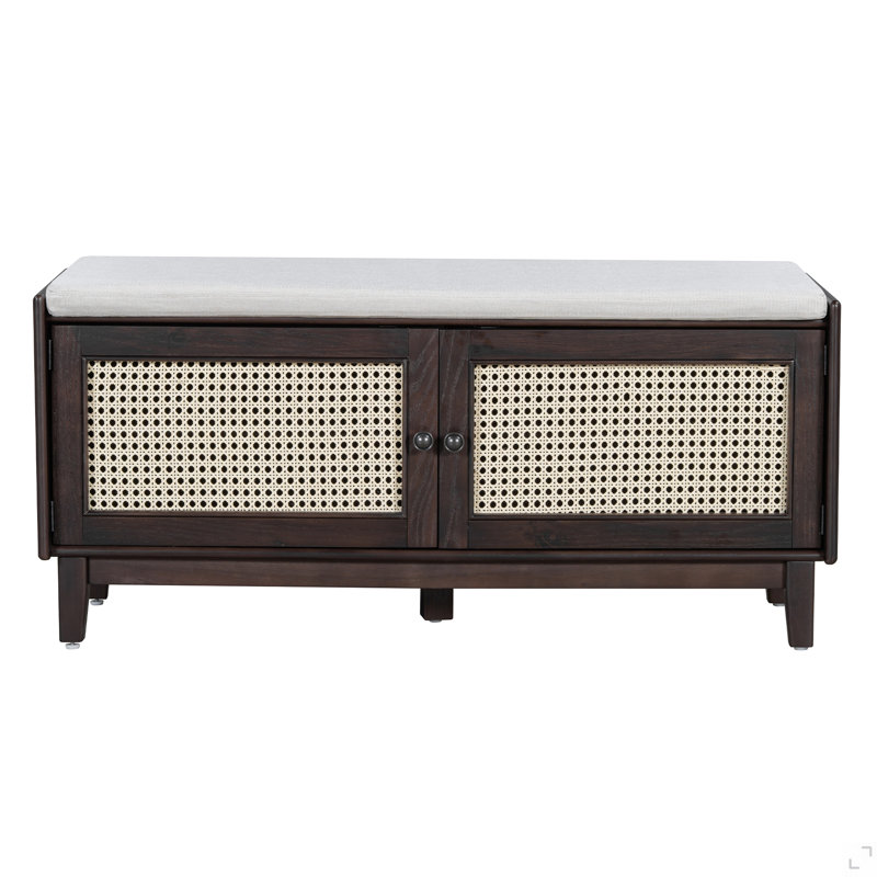 Boho Rattan Entryway Bench With Storage, Cushioned Shoe Bench With Double Doors, Wooden Shoe Organizer Bench For Entryway And Hallway