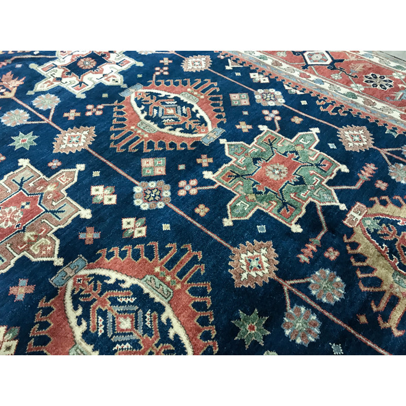 Hand-Knotted High-Quality Blue and Rust Area Rug