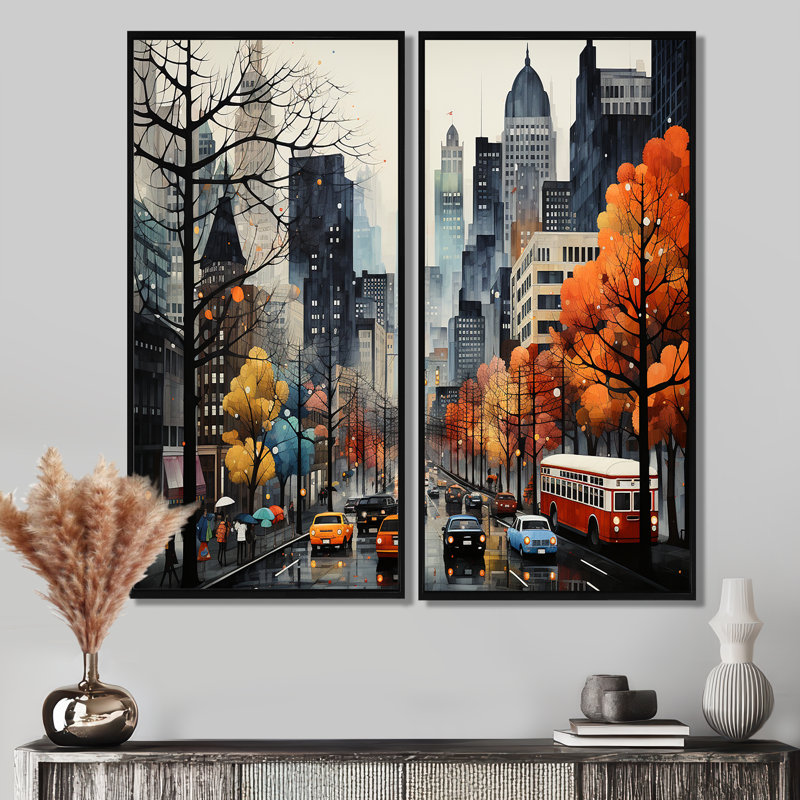 Ensemble de 2 décorations murales Bold Cityscape Urban Fog III - Orange, 40" H x 40" W, Impression encadrée flottante, Black