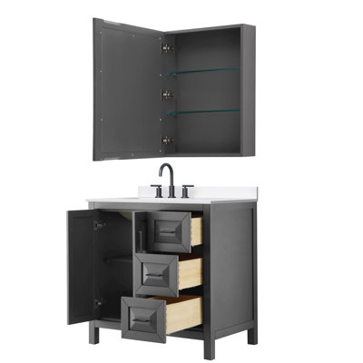 Meuble-lavabo simple 36 po Daria gris foncé, comptoir en marbre de culture blanc, lavabo carré encastré (3 trous), garniture noir mat, armoire à pharmacie