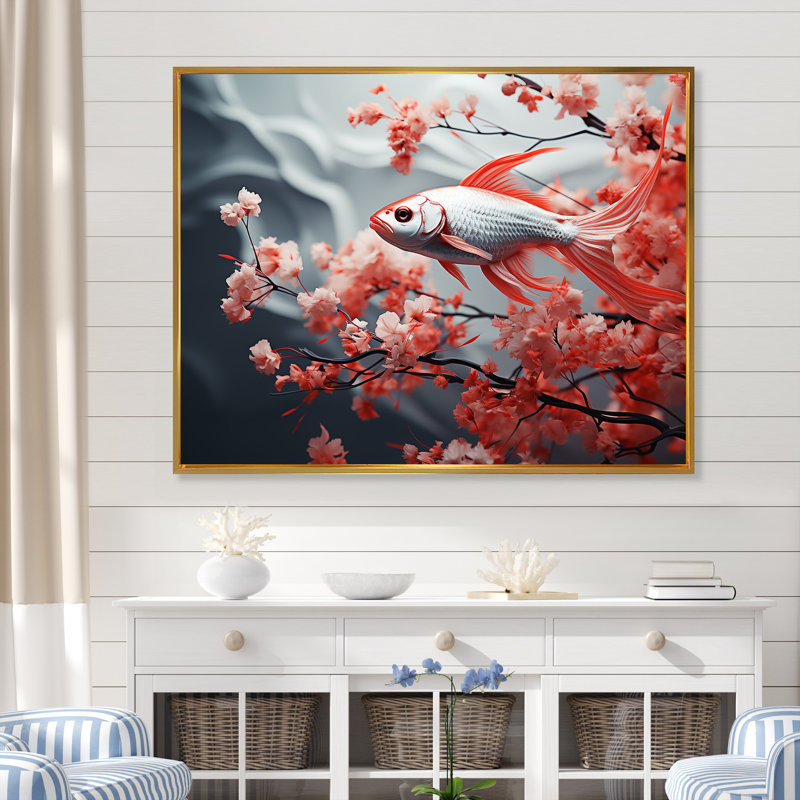 " Red And Grey Kois Fish Swimming With Serenity II " Print, Gold Floater Framed, 30" H x 40" W
