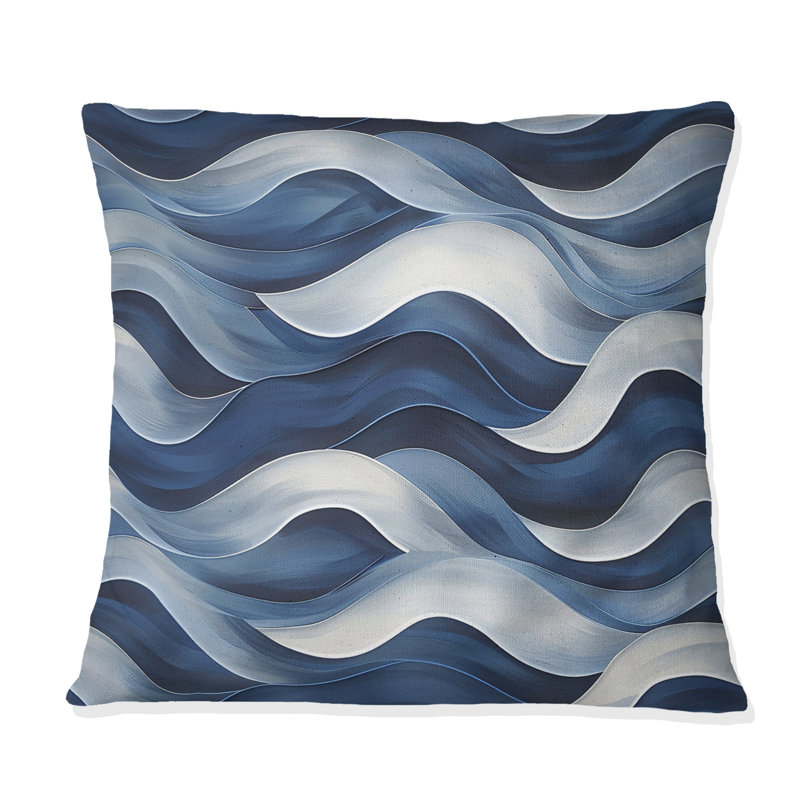 Blanc, bleu, Modern Waves V - Coussin décoratif moderne, H 16 po x l 16 po
