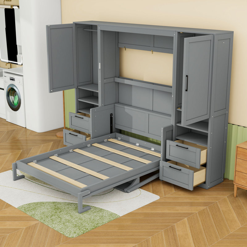 Lit escamotable double en bois avec 4 tiroirs et tablettes de rangement, gris