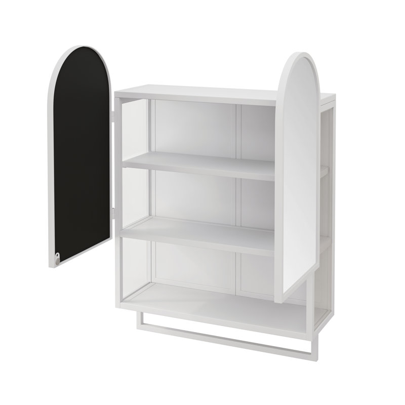 Pharmacie moderne à double arche, 23,62 po, armoire murale en métal avec 2 portes, tablettes réglables, porte-serviettes, blanc | Idée cadeau