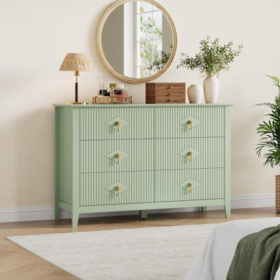 Fluted Dresser 47.2 Inch Wide, 6-Drawer Wood Dresser For Bedroom, Modern Chest Of Drawers, Storage Organizer Cabinet For Living Room, Hallway, Entryway, Green