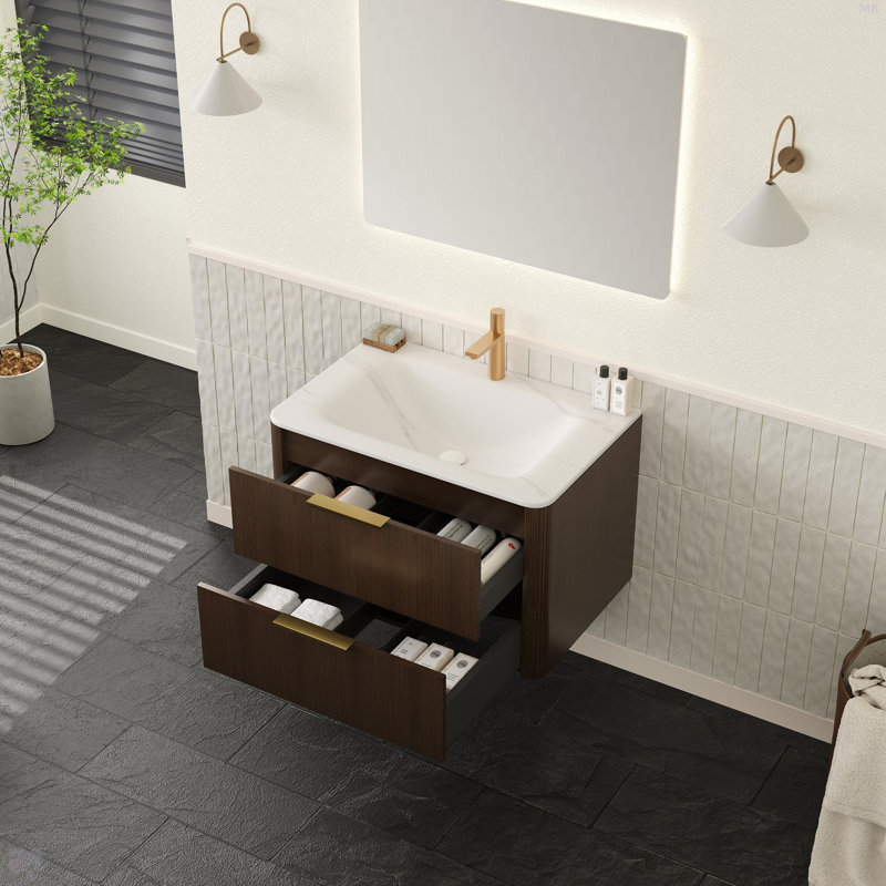 Meuble-lavabo 30 avec lavabo, armoire de rangement flottante en contreplaqué ultra-rayé avec tiroirs, lavabo intégré en pierre frittée blanche Carrara, pré-assemblé
