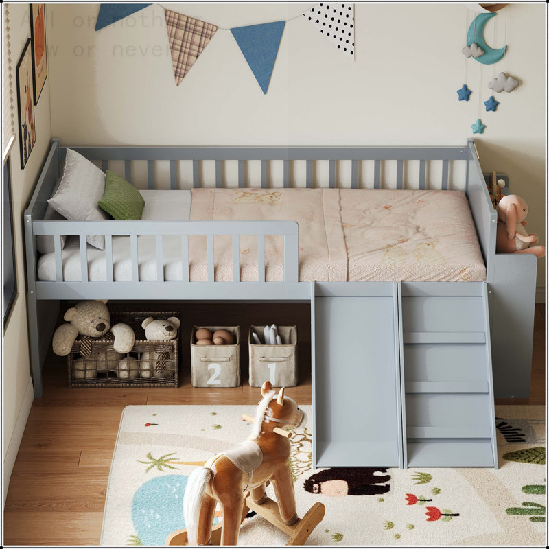 Twin Size Bed Frame with Storage Shelf, Slide, and Ladder, Gray
