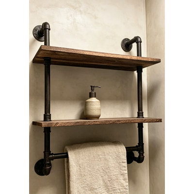Industrial Pipe Bathroom Shelf, Rustic Wood Wall Mount Shelf with Towel Bar, 24-Inch Black Matte Towel Rack, 2-Tier Metal Floating Shelves with Iron Pipe Holder