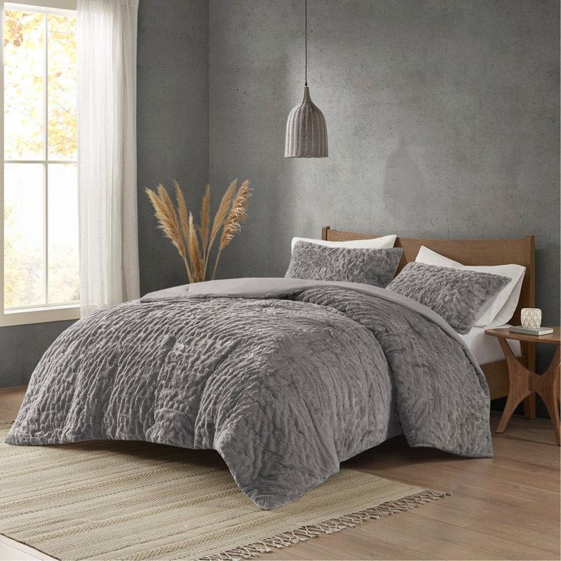 Ensemble d'édredon en duvet synthétique double / grand ruché, Gris, Édredon grand et 2 taies décoratives
