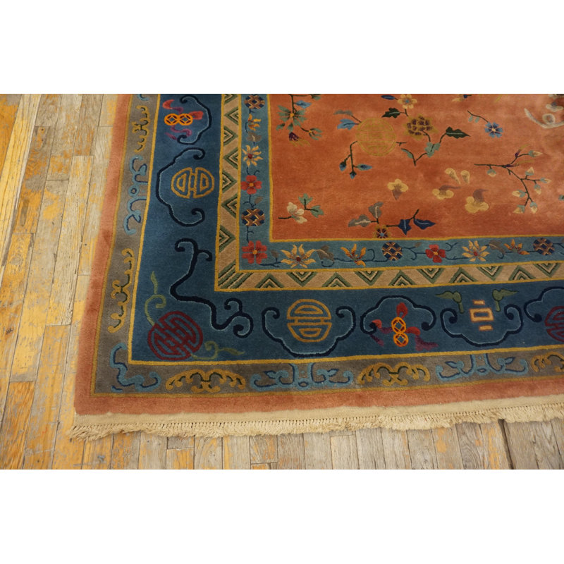 Chinese Wool Rectangle Knotted 1920s Room Size - Art Deco Antique Coral Rug