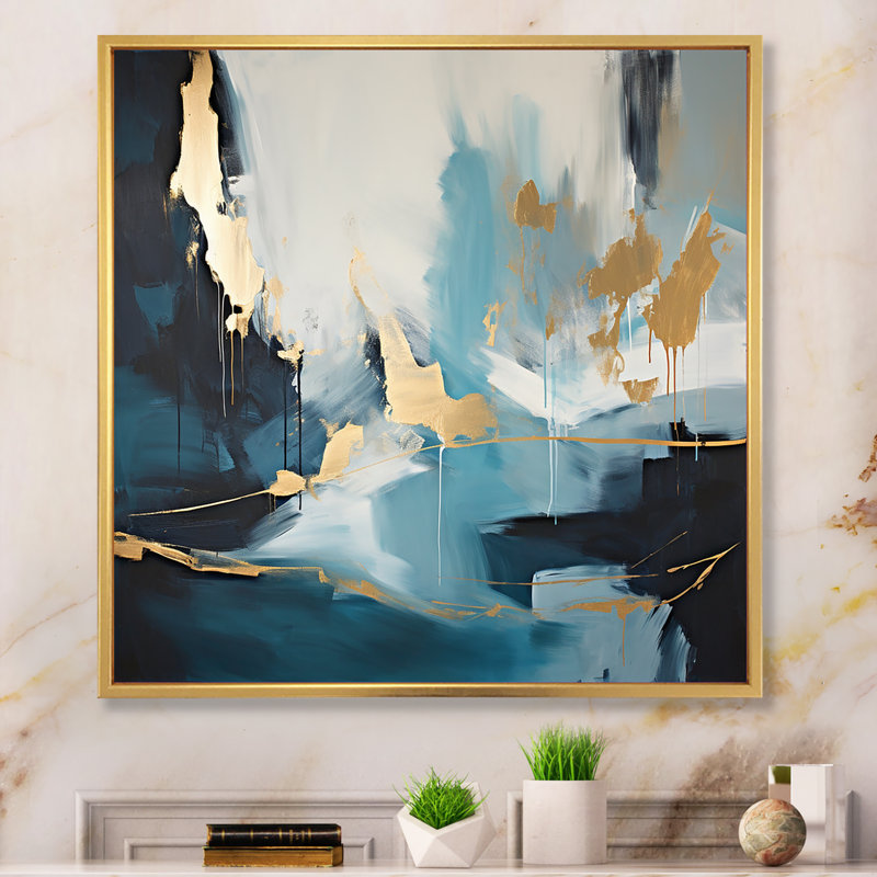 Or et bleu, expression abstraite 3 - Art mural abstrait, H 36 po x l 36 po x P 1,5 po, Cadre flottant doré