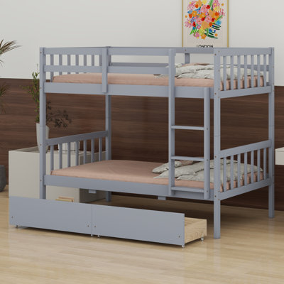 Wood Bunk Bed With 2 Drawers, With Ladder And Safety Guardrails, Convertible Into 2 Beds