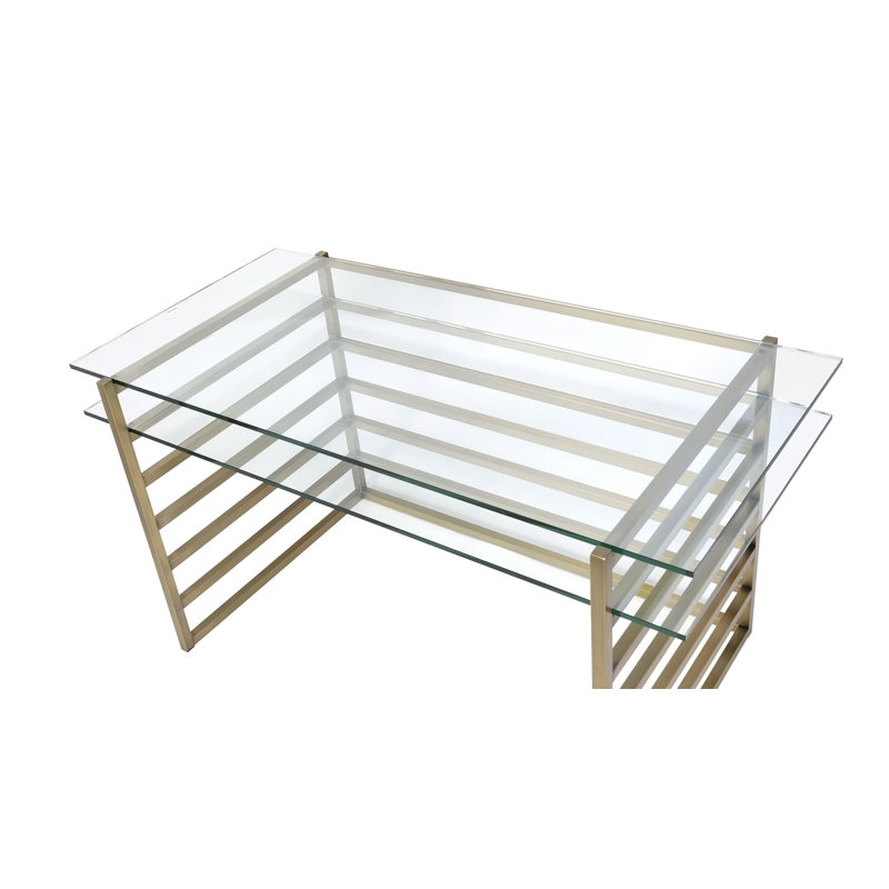 Bureau Shona avec plateau en verre transparent et finition or antique