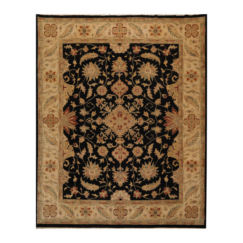 Tapis noir / brun / beige en laine noué à la main de conception unique 7 pi 11 po x 10 pi
