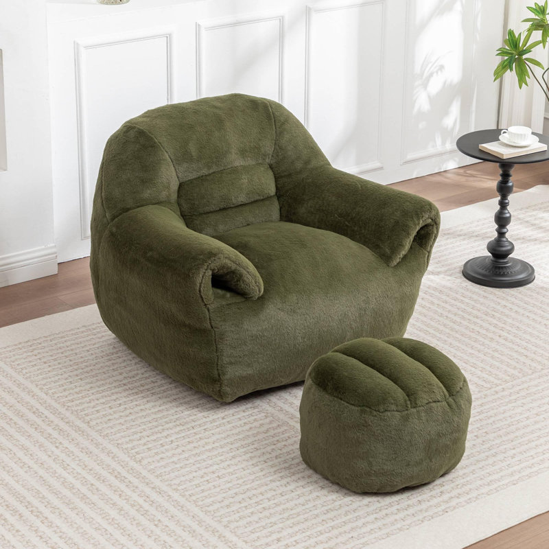 Fauteuil à billes avec dossier et repose-pieds, Imitation fourrure verte