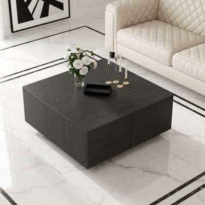 Table basse carrée à 4 tiroirs avec rangement en bois, de style Mid-Century moderne, de fabrication robuste, noire