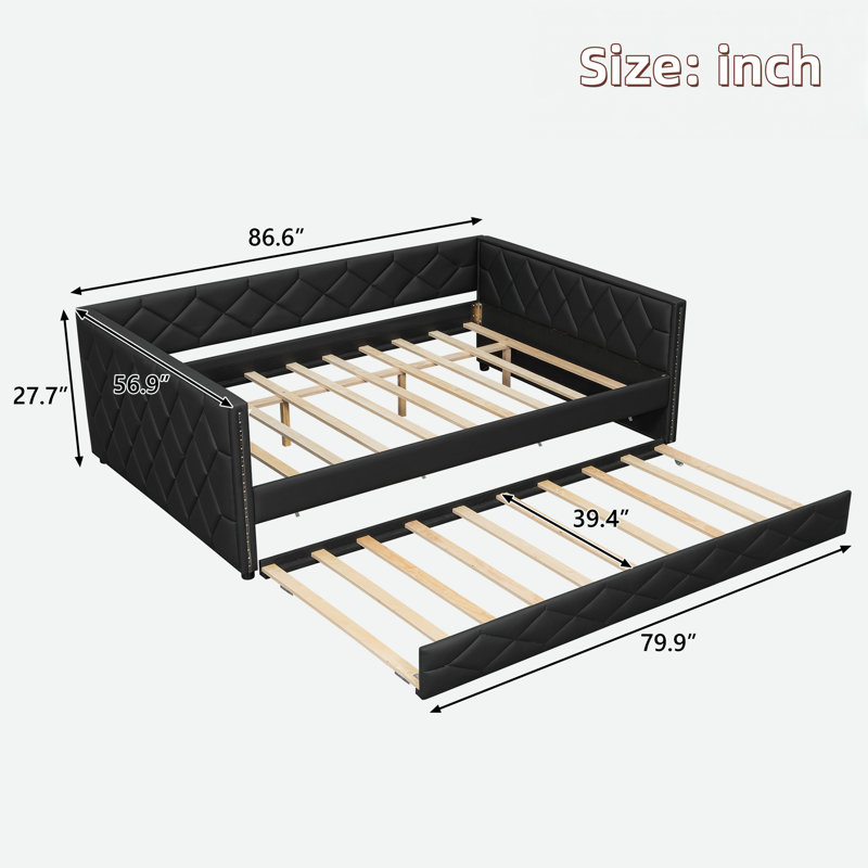 Upholstered Daybed With Trundle And Led, Black