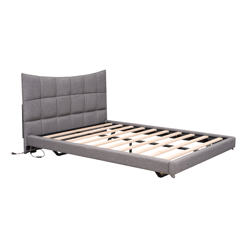 Lit plateforme tapissier avec lumières DEL, ports et prises USB, tissu en lin