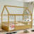 Twin Size Floor Wooden Bed With House Roof Frame,Fence Guardrails,