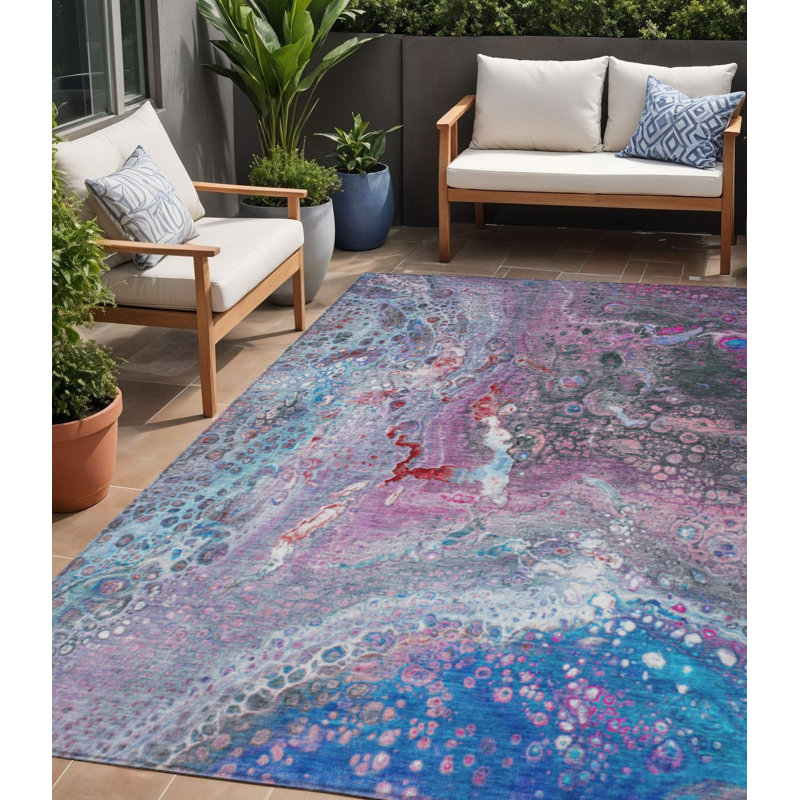 Tapis extérieur lavable abstrait bleu ciel et mauve 5 pi x 8 pi