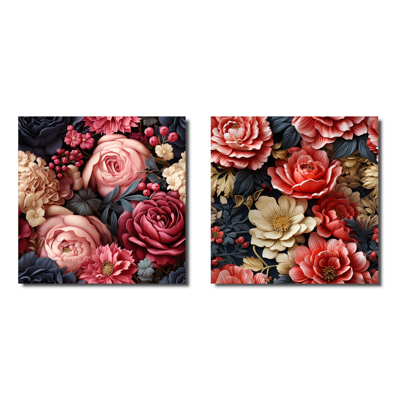 Sennède - Ensemble de 2 collages carrés floraux, Toile tendue, H 30 po x l 61 po
