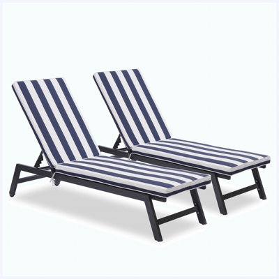 Ensemble de 2 remplacements de coussins de chaise longue d'extérieur, coussins de siège de patio résistants aux intempéries pour sièges de salon et de bord de piscine, bleu marine et blanc