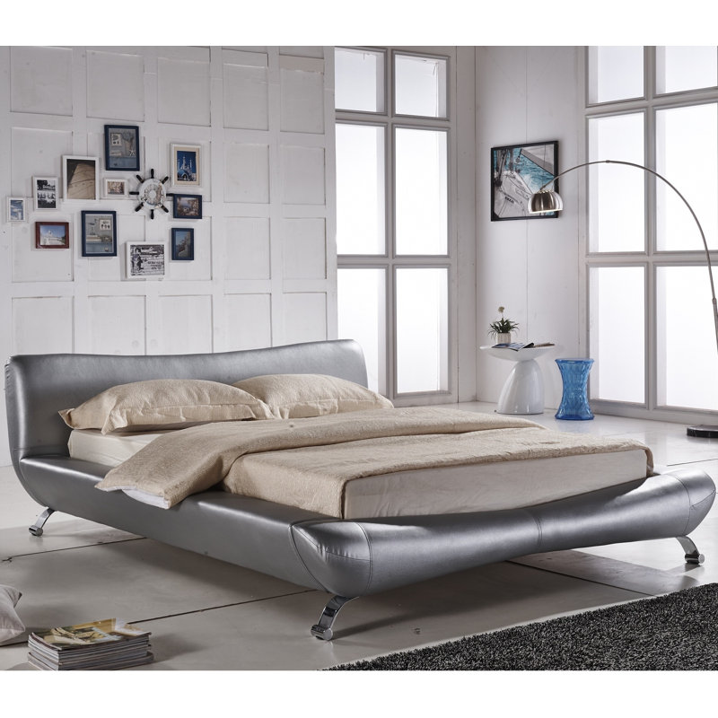 Vegan Leather Platform Bed, Queen, Silver