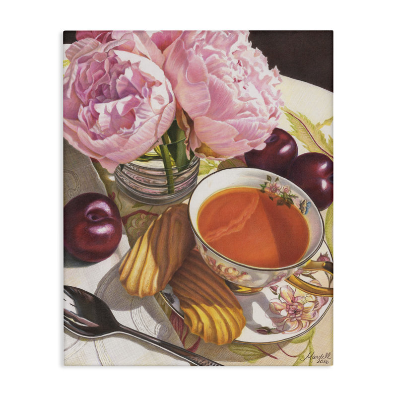 «Tea with Pivoines & Plums», art mural sur toile par Mardell Schuster, H 20 po x l 16 po