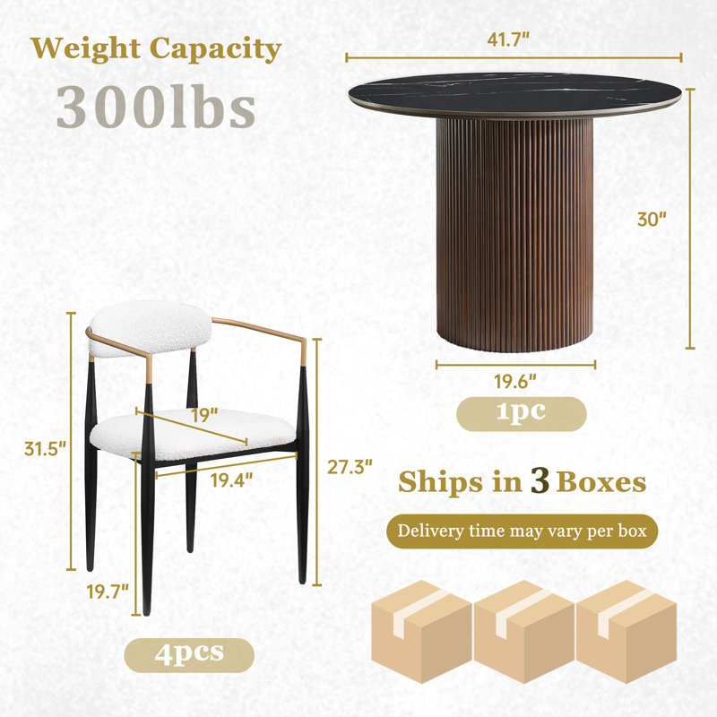 Alpena 4-Person Dining Table Set, Equipped With Imitation Marble Tabletop And Fabric Chairs, 5 Pieces: Table, 4 Chairs, Black