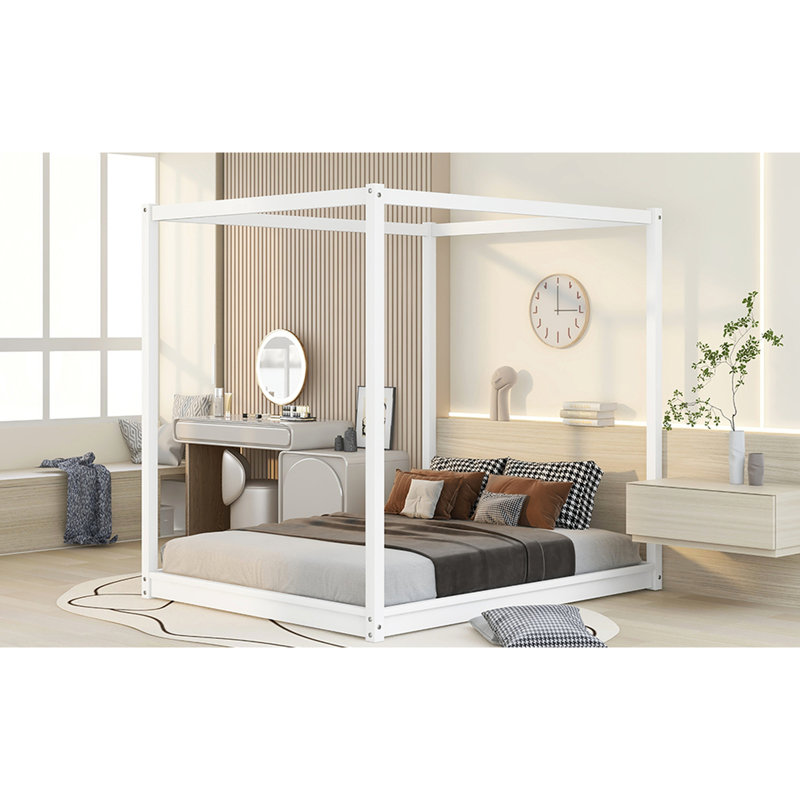 Lit plateforme à baldaquin blanc, grand lit, pieds de soutien - frais sous le lit, structure, lit facile à installer et silhouette épurée, support stable, garde-matelas