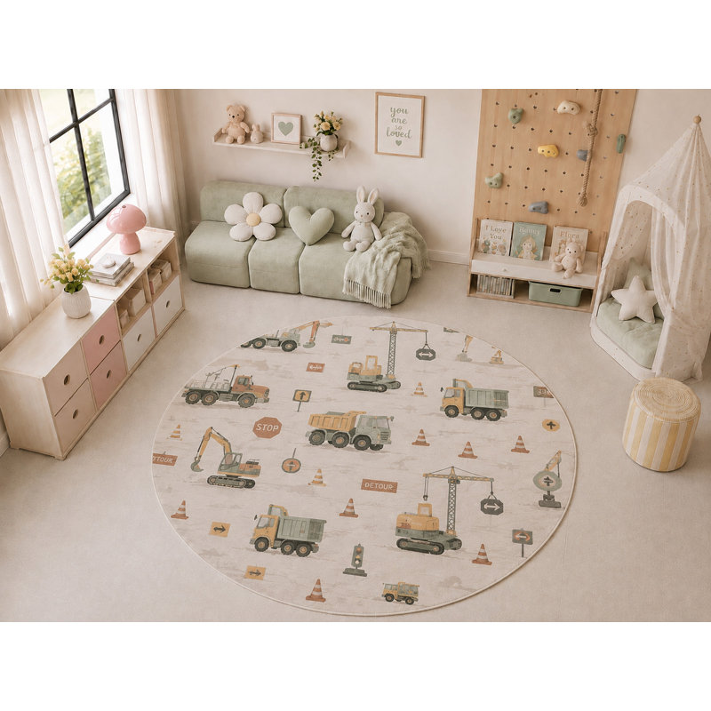 Tapis rond « Ultra Fin » 183 x 183 cm, motif de camions de chantier, doux et léger, idéal pour la chambre d'enfant, la garderie, la salle de jeux, le salon et la décoration intérieure.