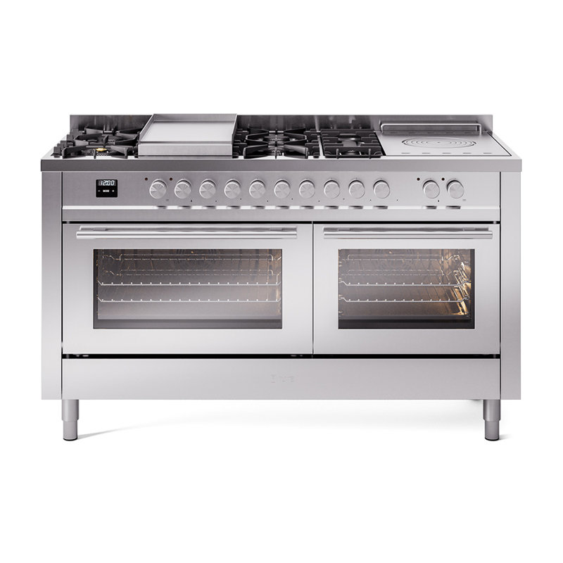 Cuisinière à double combustible de 60 po ILVE Professional Plus II, 7 brûleurs scellés, plaque chauffante, plateau français (porte vitrée)