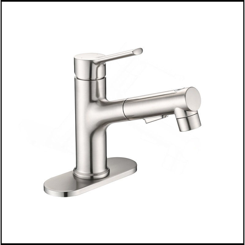 Robinet de lavabo de salle de bain avec douchette extractible, robinet de lavabo de salle de bain moderne à poignée simple avec bouchon de bonde escamotable et plaque de pont
