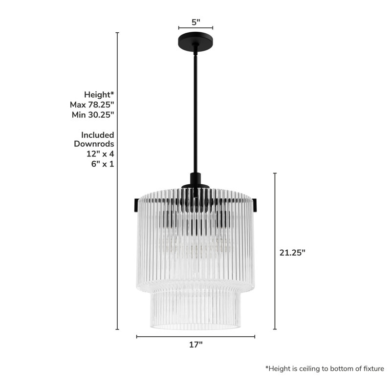 Ontario 3 Light Pendant Ceiling Light Fixture, Clear, Matte Black