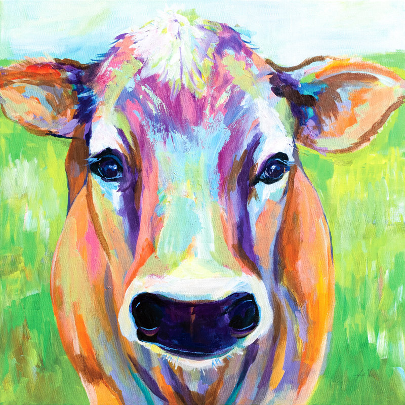 Vache colorée, impressionniste, bovin, vert, ferme, maison de campagne, mauve, orange, noir, blanc, vache